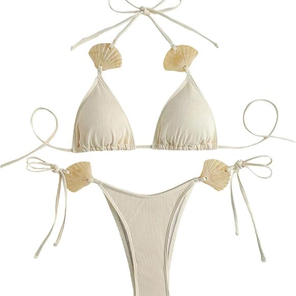 Women's 2 Piece Swimsuits Shell High Cut Halter Triangle String Boho Bikini Bath - Picture 2 of 5